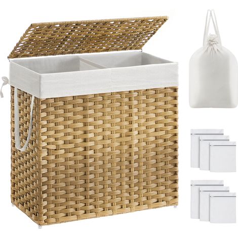 Panier à Linge Pliable avec Couvercle et 2 Compartiments, 130 L, 66 x 33 x 60 cm, Naturel (1/5)
