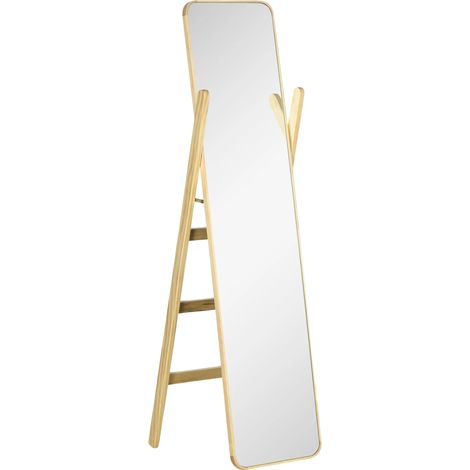 Espejo de maquillaje, marco de madera, estante incorporado, madera natural. (1/2)
