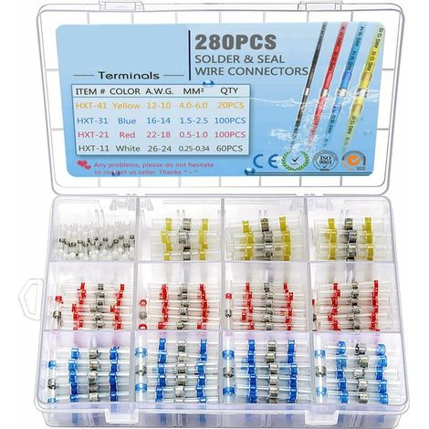 Terminales eléctricos para soldar, tubos termorretráctiles, cobre, soldadura eléctrica, sellado de cables, conectores de cables, termorretráctiles, 4 tamaños de abrazaderas, 280 unidades (1/5)