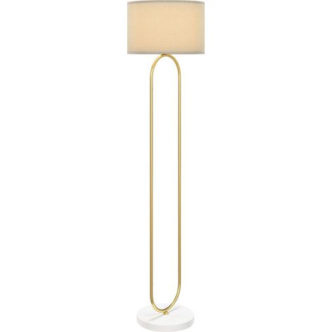 Lampadaire moderne avec abat-jour en tissu, double tube métallique et interrupteur au pied, doré (1/5)