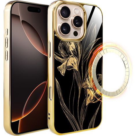 Coque pour iPhone 16 Pro ibizu Elite Glass avec MagSafe, dos en verre, Golden Midnight, Iris royaux, or (1/5)