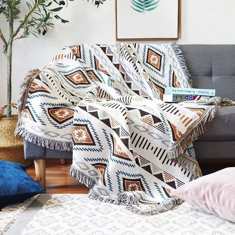 Couverture - 130 x 180 cm - Tissu Tricoté Double Face - Motif Géométrique Aztèque - Pour Canapé Chaise Lit Voyage Camping - 1 Pièce (1/5)