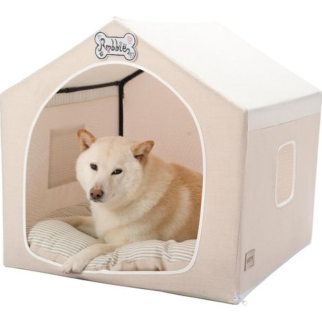 Indoor Dog Kennel with Frame, Dog Tent with Protective Cover, Breathable, Washable and Foldable, Suitable for 9-18 kg, Large (25 x 25 x 25 in), Beige (1/5)