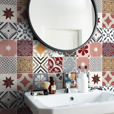 Sticker Mural Carrelage adhésif Cuisine Salle de Bain - 24 Stickers Carreaux DE Ciment - 24stickers10x10cm (1/5)