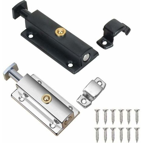 2 Pièces Verrou Porte Interieure, Serrure de Porte de Salle de Bain avec Bouton à Ressort, Argent, Noir Serrure de Porte Automatique 4 Pouces/100mm, pour Sécuriser Porte de Chambres, Placards