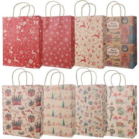 Lot de 16 sacs cadeaux Noël en papier kraft, 8 motifs variés, avec poignées, pour emballage (1/5)