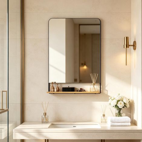 Miroir mural rectangulaire 80 x 60 cm avec étagère, cadre métal noir OKMYHOME (1/5)