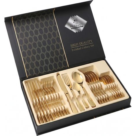 Service à couverts portugais 24pcs acier inoxydable doré - Couteaux à steak, fourchettes, cuillères à dessert - Design nordique