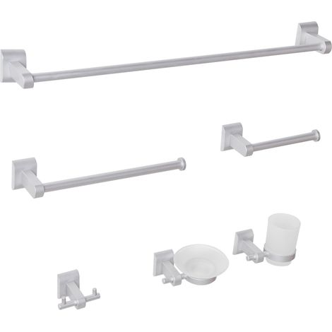 Conjunto de 6 accesorios de baño estilo moderno de aluminio vaso y jabonera de vidrio incluidos plateado Talara