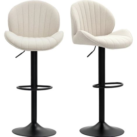 Lot de 2 tabourets de bar beiges en chenille avec dossier, hauteur réglable et repose-pieds (1/5)