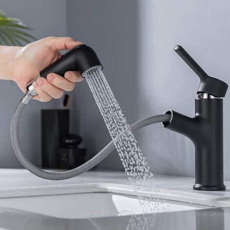 Robinet de Lavabo avec Douchette Extensible, 2 modes au choix, Mitigeur Salle de Bains en 100% Laiton Durable