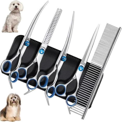 Ciseaux de Toilettage - Professionnel - Kit 5 en 1 - Métallique - Poignées en caoutchouc - Pour Chien et Chat