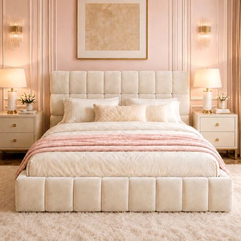 Cama tapizada clásica 140x190 cm en terciopelo beige con cabecero acolchado y somier de láminas (1/5)