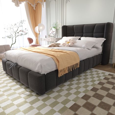Lit convertible 90 x 200 cm, lit d'enfant avec grille de sommier, tête de lit et système de rangement pneumatique, cadre en lin, adapté aux enfants et adolescents
