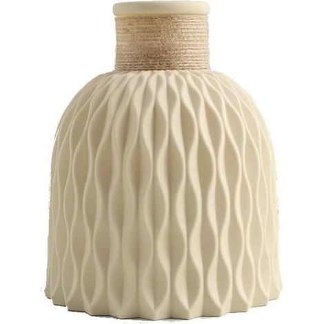 Vase en plastique beige, 12 x 14,5 cm – motif ondulé – convient aux fleurs séchées et à la décoration moderne. (1/5)