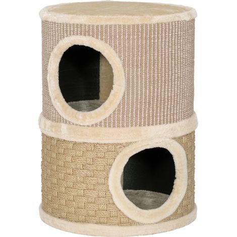 Katzenbaum mit Kratzstamm aus Natursisal und Seegras, plüschbezogen, 35,5 x 35,5 x 49 cm, Khaki und Kaffee (1/5)
