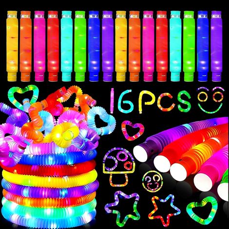 Tubes LED Pop extensibles multicolores, jouets sensoriels anti-stress lumineux, 16 pièces pour enfants. (1/5)