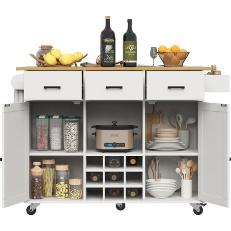 Desserte de cuisine avec plan de travail amovible, porte-serviettes et étagère à épices, cloisons réglables, buffet effet bois, blanc (1/5)