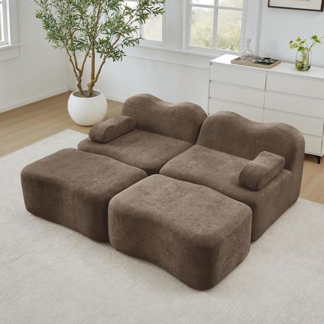 Canapé modulable 2 places avec 2 poufs, sans armature, en mousse haute densité 32D, coussins d'accoudoirs amovibles, idéal pour le salon et l'appartement, design antidérapant, marron