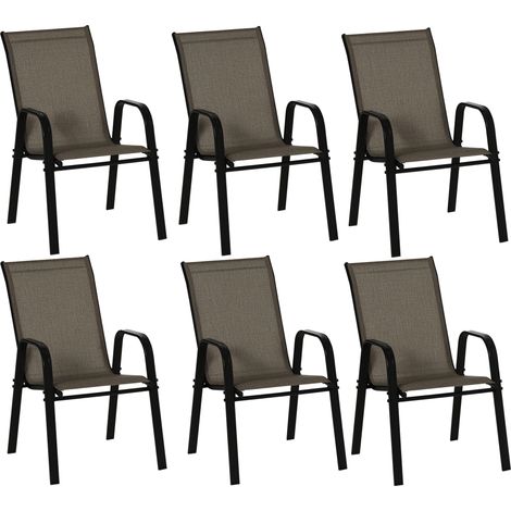 Sedie da Giardino Set 6 Pezzi, Sedie da Esterno Impilabili in Metallo e Tessuto Traspirante, Marrone