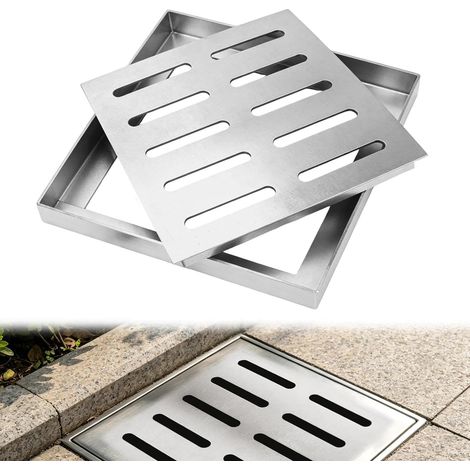 Couvercle de drainage de sol en acier inoxydable avec cadre - Grille de drainage carrée - Antidérapant - Pour l'intérieur et l'extérieur - Salle de bain, jardin, terrasse (200 x 200 x 20 mm) (1/5)