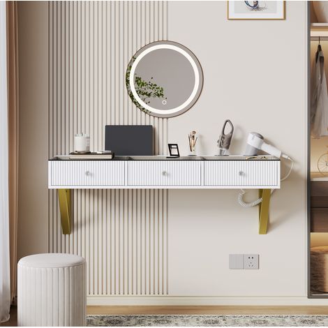 Toeletta murale bianca 120 x 40 x 45 cm con 3 cassetti, piano in vetro, supporto tablet (1/5)