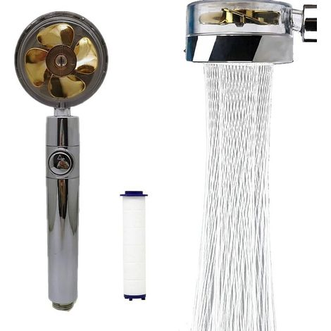 Ducha de alta presión con ahorro de agua, ducha de mano con hélice giratoria de 360 grados y filtro, cabezal de ducha Turbo Spa con ventilador e interruptor (dorado). (1/5)