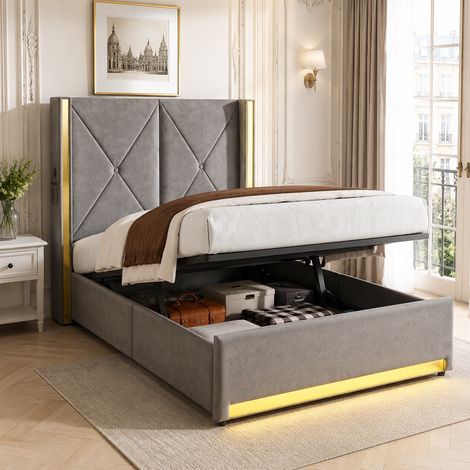 Lit coffre 90x200 cm, avec tête de lit capitonnée haute, LED, USB, poches latérales et rangement hydraulique, velours, Gris (1/5)
