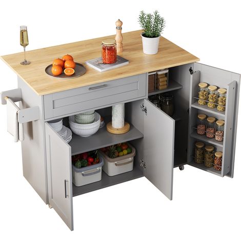 Desserte 120x70 Cm En Mdf Gris, Plateau Rabattable Effet Chêne, Rangements, 5 Roulettes (1/5)