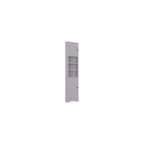 Meuble de salle de bain triangulaire 36,5 x 24,5 x 170 cm, laqué, laque résistante à l'humidité, trois étagères ouvertes, double porte, étagères réglables, gain de place, gris