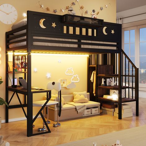 Lit mezzanine enfant 90 x 200 cm avec bureau, échelle, compartiments, LED, prise et port USB, sans matelas, charge 120 kg, en MDF et métal, Noir (1/5)