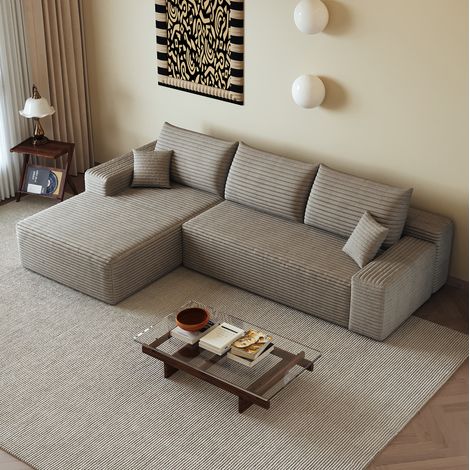 Divano modulare angolare a L 270 cm, velluto a coste, schiuma elastica, cammello (1/5)