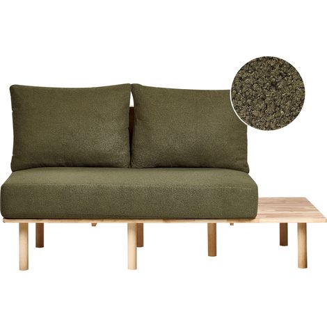 Sofá 2 plazas estilo Japandi estructura madera clara respaldo con mesa plegable tapizado de bouclé verde oscuro Salo