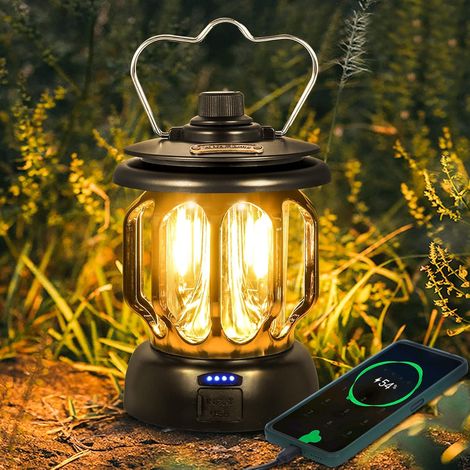 Vintage LED-Campinglampe, USB-aufladbar, dimmbar, warmweißes und weißes Licht für Camping, Angeln, Wandern und Höhlen (1/5)