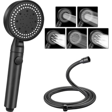 Soffione doccia e flessibile, 5 modalità di risparmio idrico, potente soffione doccia con pulsante di arresto dell'acqua (nero) (1/5)