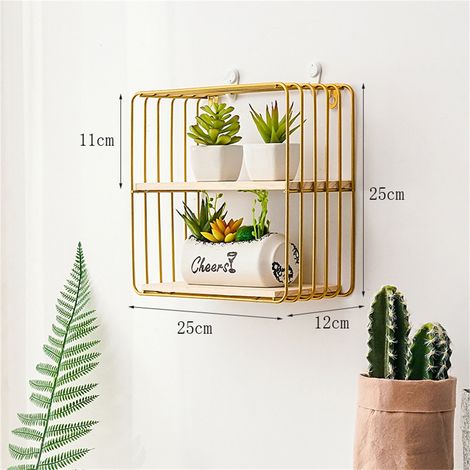 Étagère murale en bois et fer, élégante et raffinée, pour salon, cuisine et salle de bain. Étagère carrée à double niveau dorée. (1/3)