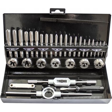 ROCKFORCE Juego de machos y terrajas 32 piezas, ideal para roscado preciso en metal, diseño resistente y duradero, herramienta profesional de alta calidad, color metálico.