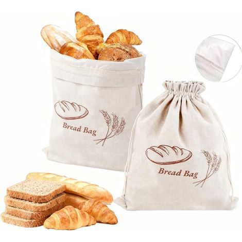 2 bolsas de lino reutilizables para pan con forro de TPU: mantienen el pan fresco por más tiempo.