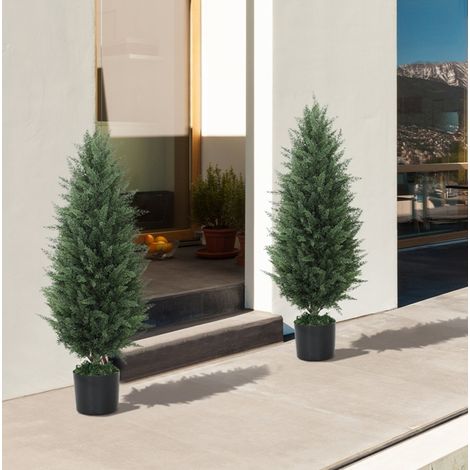 Set aus 2 künstlichen Zypressen 90 cm in Grün, UV-beständig mit Topf (1/5)
