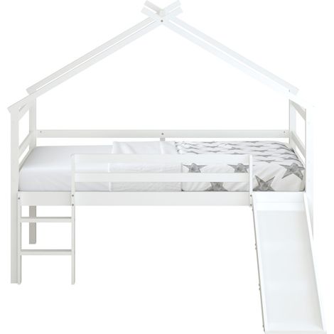 Sunny River Lit Cabane Avec Toboggan En Bois, Blanc Lit Pour Enfant Mi-Haut , Lit Montessori - Sans Matelas - 213 X 186 X 183 Cm Pour Matelas : 90 X 200 Cm (1/5)
