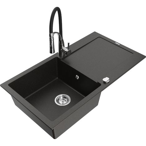 Mexen Leo lavello in granito a 1 vasca con sgocciolatoio e rubinetto da cucina Aster, nero/oro metallizzato - 6501-75-73450-07 (1/5)