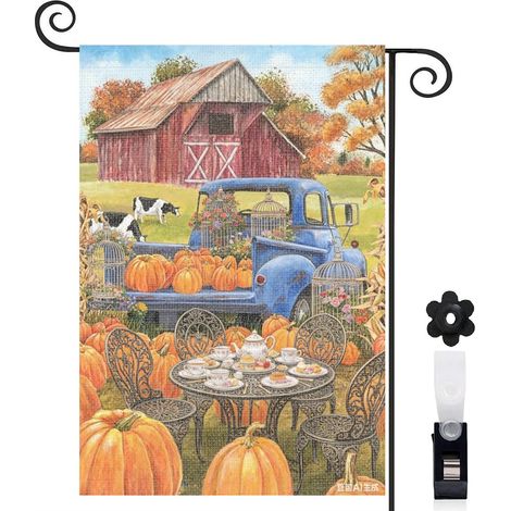 Drapeau de jardin décoratif 30 x 45 cm motif citrouilles et camion style vintage toile double face (1/5)