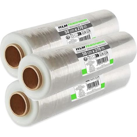 Lot de 3 Film rétractable transparent pour emballage colis déménagement ou expédition 3 kg/20 µm. Largeur 50 cm x Longueur 270 m (1/3)
