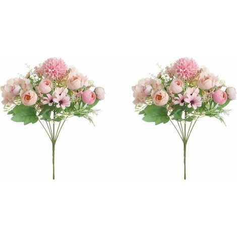 Künstliche Blumen, 7 Zweige, Seidenkamelien, künstliche Hortensienblätter, Hochzeitsblumenstrauß, 2 Stück (Rosa) (1/5)