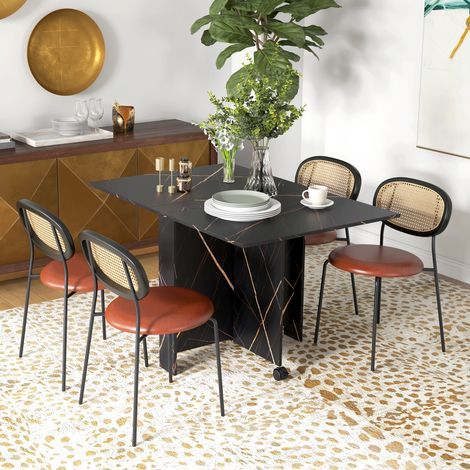 Klappbarer Küchentisch, klappbarer Esstisch mit 2 Ausziehplatten, 2 Rollen mit Bremsen, 120 x 80 x 73 cm, schwarze Marmoroptik (1/5)