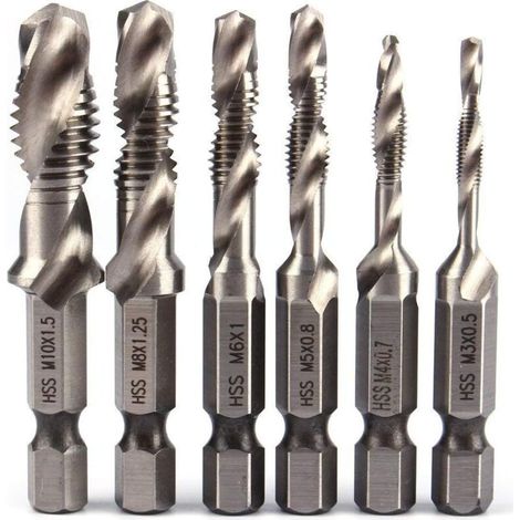 6-teiliges HSS-Bohrer-Set, 1/4 Zoll Sechskantschaft, Kombinationsbohrer-Gewindebohrer-Set, HSS-Bit M3-M10, metrisches Gewindebohrer für Holz, Eisen, Aluminium, Silber - Crezuo