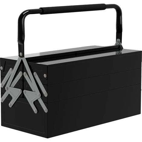 Caja de herramientas, estructura de acero plegable, dimensiones 45 x 22 x 20 cm, 5 bandejas extraíbles, diseño portátil, construcción duradera. (1/5)