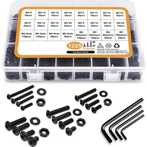 Lot de 1225 vis cylindriques en acier au carbone M2 M3 M4 M5 à tête bombée à six pans creux avec écrous, rondelles et clés à six pans creux dans une boîte de rangement (1/5)