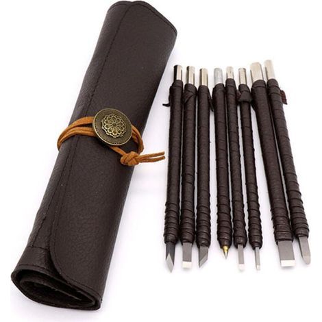 Set di 8 utensili per intaglio della pietra: scalpelli, utensili per intaglio del legno e della pietra in acciaio al tungsteno, sezioni intagliate, strumento artistico professionale. (1/4)