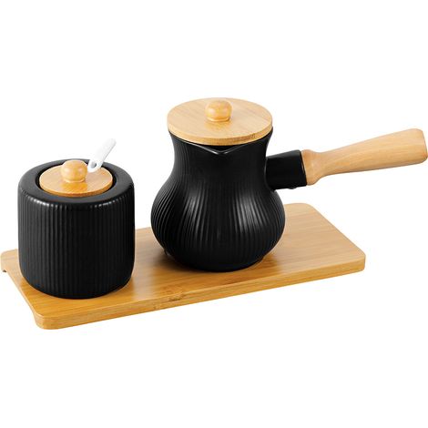 SUCRE ET POT À LAIT ALISA BLACK SUR SUPPORT EN BAMBOU